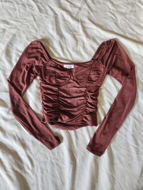 Stitch & Pine Mauve Ruched Corset Long Puff Sleeve Crop Top Romantic Y2K Cottage